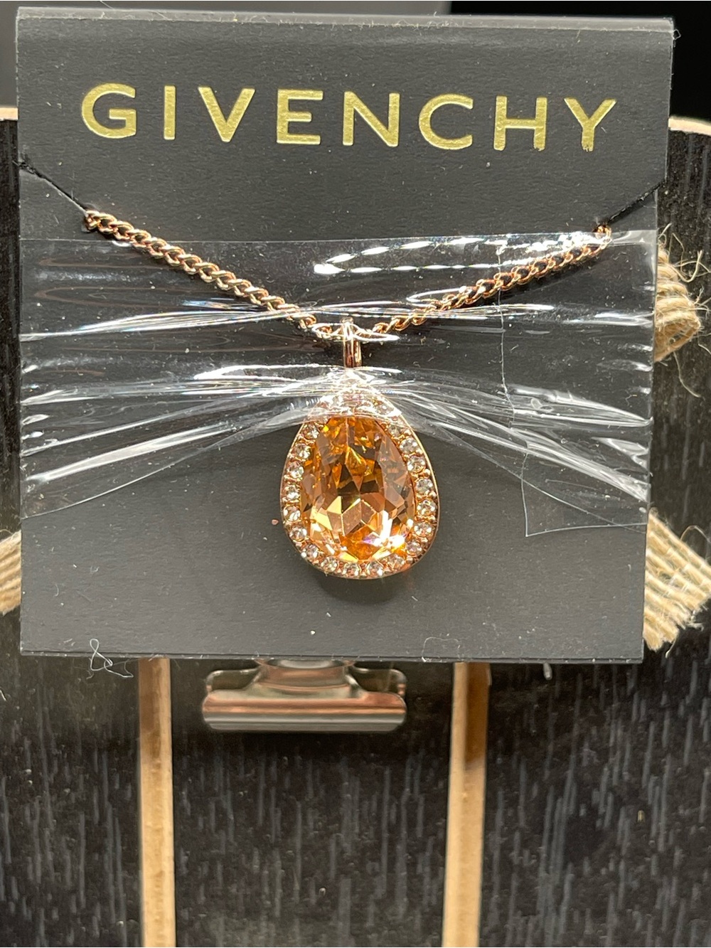 Givenchy Rose Gold Teardrop Pendant Necklace Champagne Crystal 16” with 3”ext